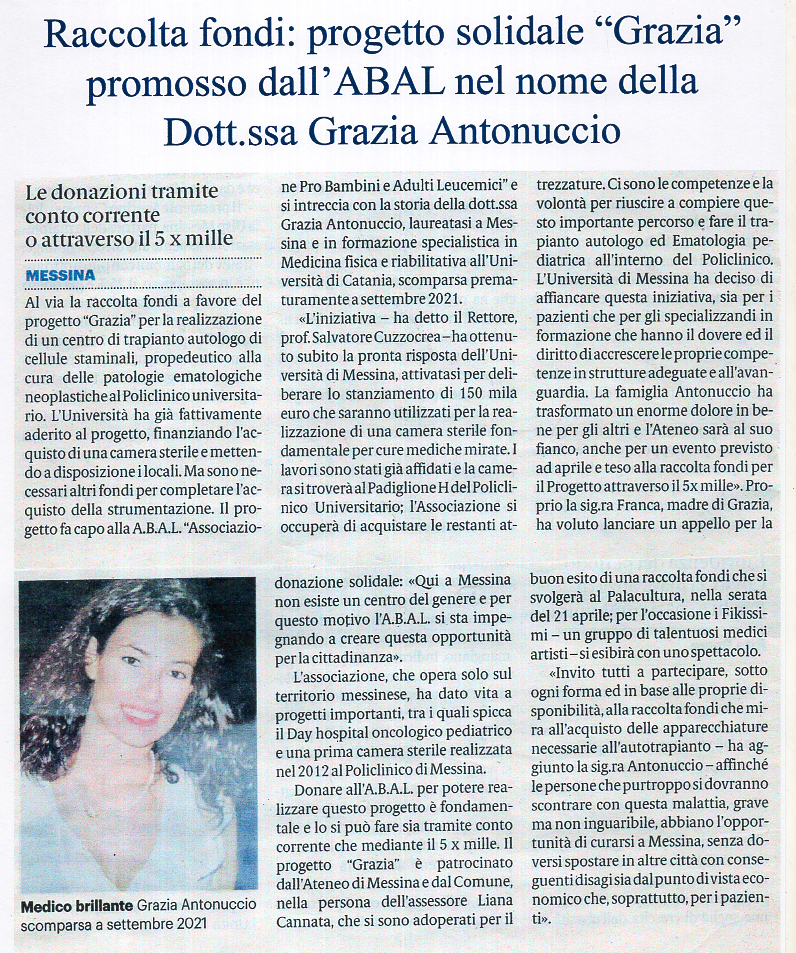 Progetto Grazia — Centro Trapianto Autologo